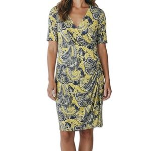 Ralph Lauren Yellow Paisley Ruched V Neck Short Sleeve Knee Length Dress Size 12